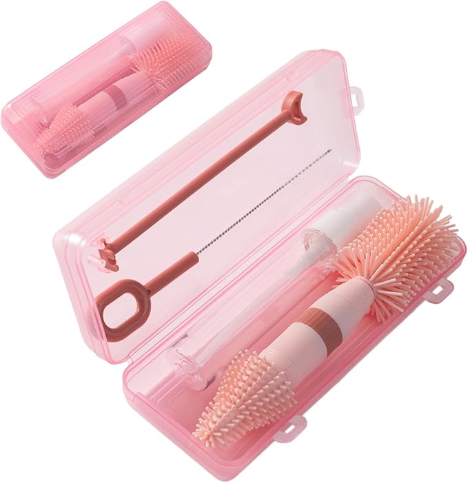 Chemimoso Small Silicone Baby Bottle Brush for Newborn Anti-Colic Baby Bottles，Portable Travel Bottle Cleaner Brush，Suit for Baby Bottles Less Than 8 OZï¼?Pink