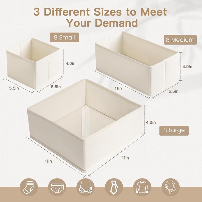 Criusia Drawer Organizer Clothes, 24 Pack Dresser Organizer for Baby Clothes, Underwear, Sock- Foldable Closet Organization and Storage Dividers Bins for Nursery, Bedroom and Dorm (Beige)