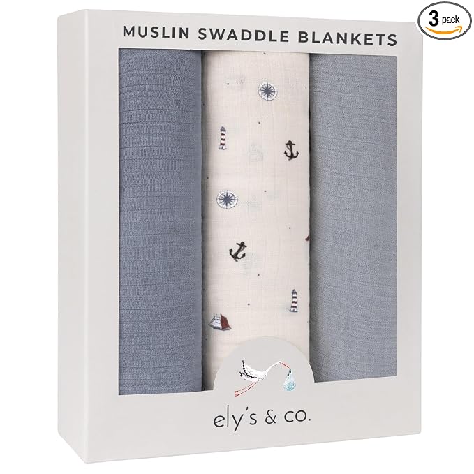 Ely's & Co. Muslin Swaddle Blankets 3-Pack for Baby Boy, 100% Cotton Muslin Extra Large Swaddle Receiving Blankets, 47”x47” (Blue-Ivory Nautical)