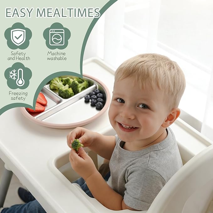 SPMKTQK 3Pack Sainless Steel Kids Plates with Suction, 8.1??Divided Toddler Baby Plates with Removable Silicone Sleeves BPA Free Non-Slip 2-in-1 Anti Breakage Metal Toddler Bowls