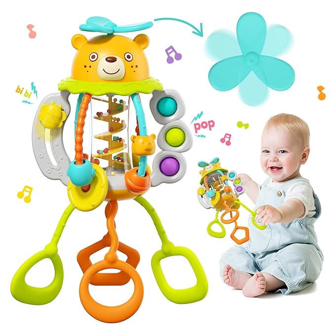 HOLA Montessori Toys for 1 Year Old Boys-Rattle Teething Baby Toys 0-6 & 6-12 Months, Silicone Pull String Sensory Toys for 1 Year Old Girl Gifts Christmas Stocking Stuffers