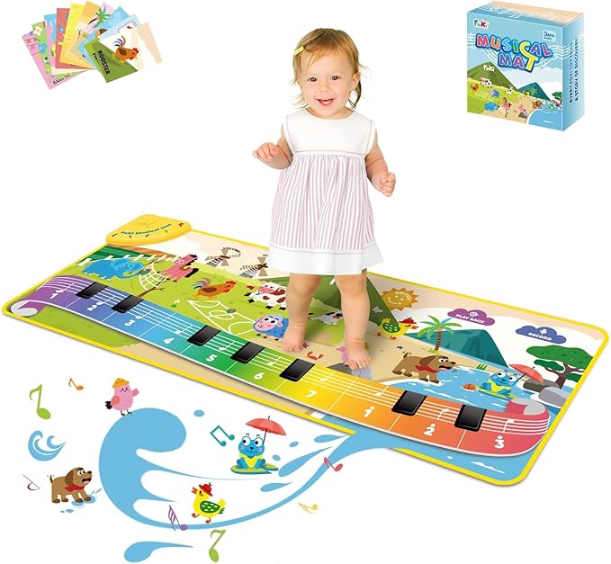 FOKI Toddler Toys Floor Piano Mat with 61 Animal Music Sounds, Baby Kid Sensory Educational Dancing Musical Keyboard Carpet Toy, Record Playback, for 1 to 5 Years Old Boy and Girl