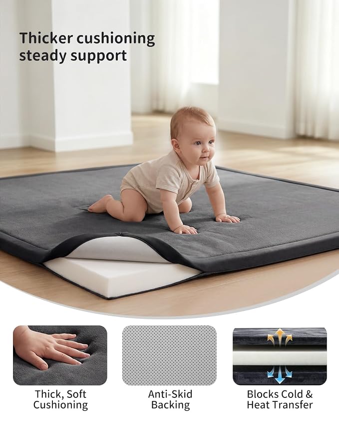 Goyuu Ultra Soft 1.3" Thick Baby Play Mat for Floor, 79x118 Playpen Mat Elasti-Foam Padded Crawling Mat for Babies, Toddlers, Infant, Kids, Non-Slip Backing Safe for Tummy Time, Grey