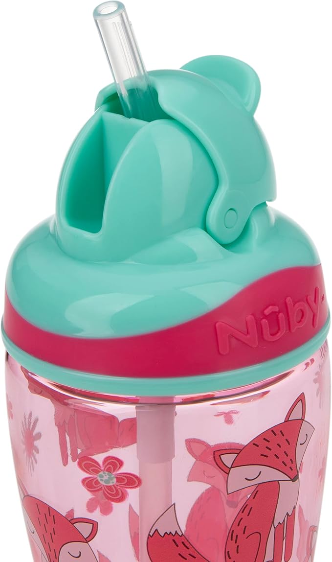 Nuby Thirsty Kids No-Spill Flip-it Printed Boost Cup with Thin Soft Straw - 12oz, 18+ Months, 1 Pack Print May Vary