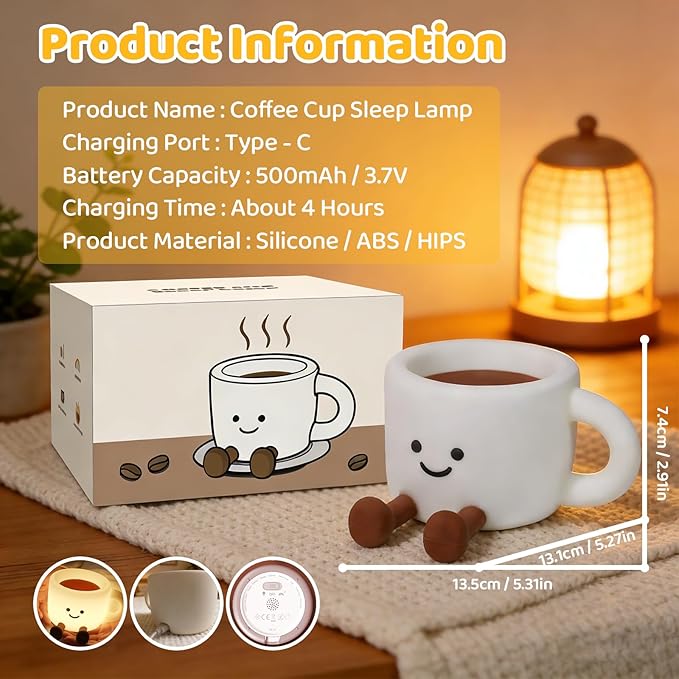 Cute Cup Night Light 3 Level Dimmable Timer 7 Colors Nightlight Cute Lamps Silicone Squishy Light Up Rechargeable Bedside Animal Touch Lamp for Breastfeeding Desk Dorm Decor Birthday Gift