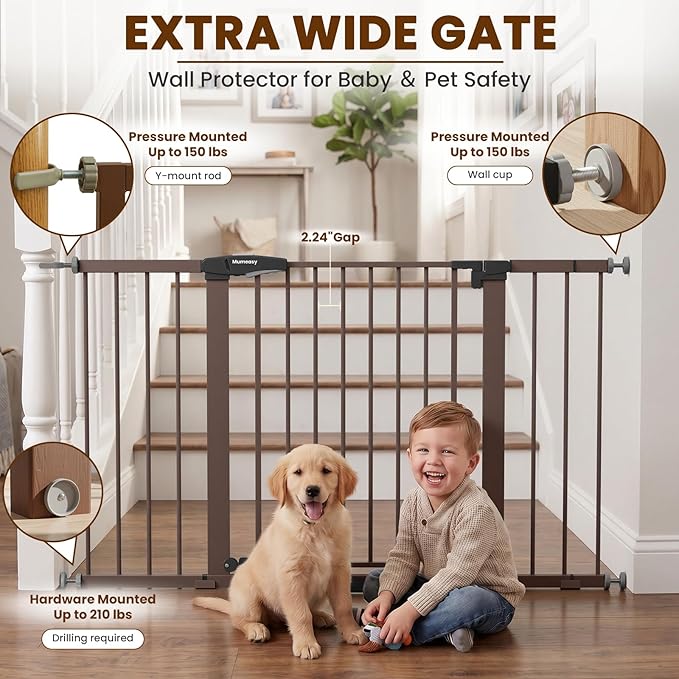 Mumeasy Baby Gate Extra Wide, 29.7-51'' Pressure Mounted Dog Gate with Walk Thru Door, Auto Close Pet Gate for House, Stairs, Doorways,Brown