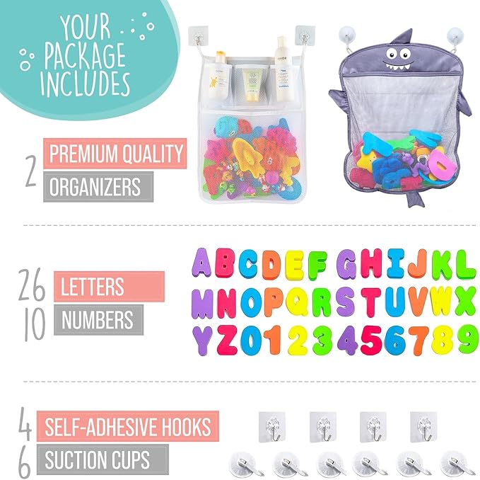 Comfylife Baby Bath Toy Organizer - Shark +36 Bath Letters & Numbers +Extra Bath Toy Storage Net & 10 Strong Hooks, Great Bath Net for Kids, Cute Bathtub Toy Organizer and Bath/Shower Caddy Solution