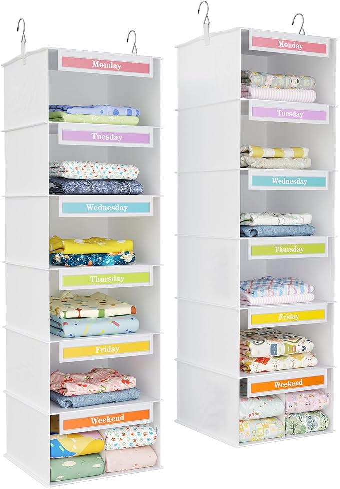 Lifewit 6 Shelf Weekly Clothes 0rganizer for Kids 2 Pack, Baby Hanging Closet Storage with Color Labels for School Outfits, Todder Clothing Divider with Days of The Week Monday to Frida Weekend White