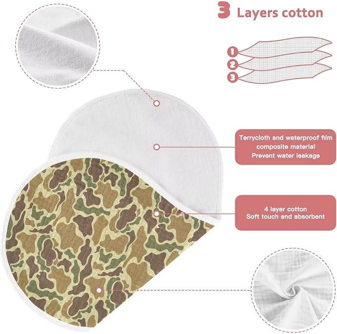 Baby Muslin Burp Cloths Set of 2 Vintage Camo Green Muslin Washcloths Camouflage Retro Brown Army Milk Spit Up Rags Soft Newborn Towel Burp Cloth Bib for Unisex Boys and Girls, 22 x 11 Inch