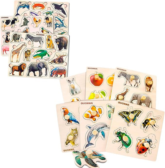 QUOKKA Multipack of 9 Kids Wooden Pegged Puzzles for Boys and Girls