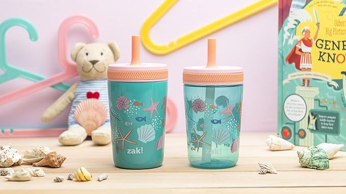 Zak Designs Shells Kelso Tumbler Set, Leak-Proof Screw-On Lid with Straw, Bundle for Kids Includes Plastic and Stainless Steel Cups with Bonus Sipper (3pc Set, Non-BPA)