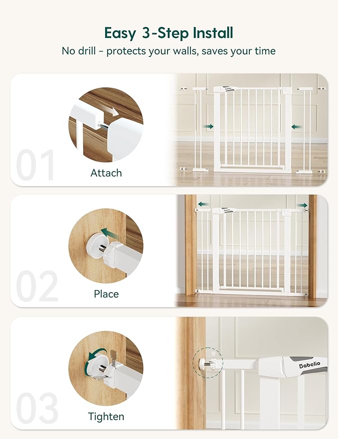 Babelio Baby Gate for Doorways and Stairs, 36??Tall Pet Gate, PressGuard P7 with Auto Close Design, 29"-43" Wide Easy Install Pressure Mounted, Safety Gate Door for Child and Pet, White