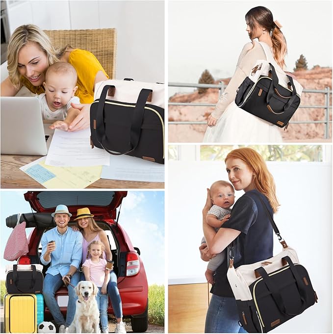 Pripher Diaper Bag Backpack Mommy Bag Large Capacity Diaper Backpack Travel Essential Baby Diaper Bag for Mom and Dad, Black & Beige