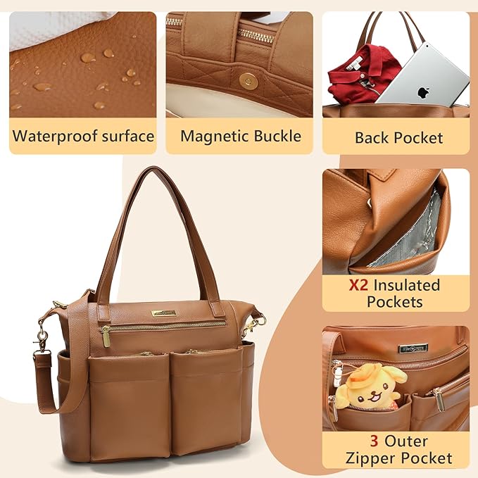 miss fong Diaper Bag Tote Leather Diaper Bag Backpack Pañaleras Para Bebe with 15 Pockets,Leather Diaper Tote with Diaper Changing Pad, Baby Bag for Moms Mommy Bag for Women