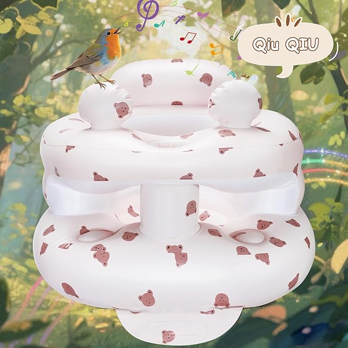 Inflatable Baby Seat for Babies 3-36 Monthsï¼?Squeaky Sound & Anti-Fall Design] Inflatable Chair with Sound-Making Ears, Baby Seat for Sitting-Up Practice, Built-in Air Pump (Ear Bear)