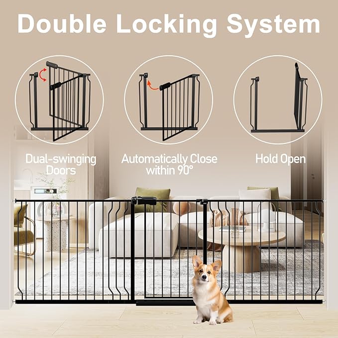 WAOWAO Baby Gate 52.76-62.2" Extra Wide Pressure Mounted Walk Through Swing Auto Close Safety Black Metal Toddler Kids Child Dog Pet Puppy for Stairs,Doorways,Kitchen