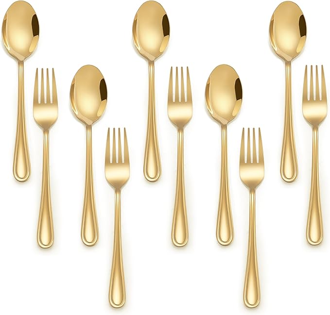 E-far 10-Piece Gold Toddler Utensils, Kid Stainless Steel Silverware Set, Children Safe Forks and Spoons Set for Self Feeding, Healthy & Non-Toxic, Mirror Polished & Easy to Clean