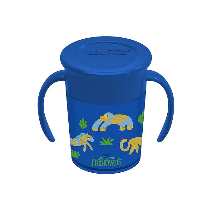 Dr. Brown's Milestones Cheers 360 Spoutless Transition Cup with Handles, Travel Friendly and Leak Free Sippy for Babies and Toddlers, Blue Animal Safari, BPA Free, 7 oz/200 mL, 6m+, Value Pack