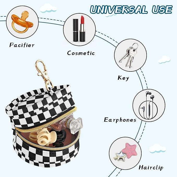 Checkered Plaid Black Print Pacifier Holder Case with Metal Clip Portable Pacifier Storage Container for Boys Girls