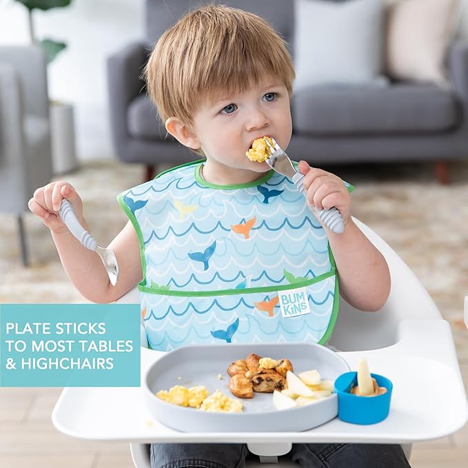 Bumkins - Silicone Grip Plate, Fork & Spoon & Lid - For Ages 18 Months+ - Suction Base - 100% Food-Safe Silicone - Oven, Microwave, Freezer, & Dishwasher Safe - Gray