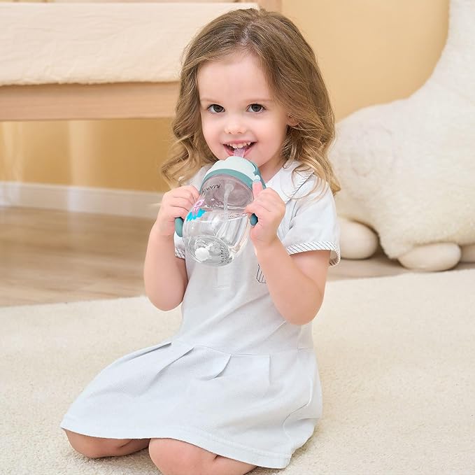 Oberni Toddler Sippy Cup, Tritan Baby Water Bottle With Non-Spill Valve Spout, Removable Handle and Carry Strap, 270ml/12m+/Blue/Pack of 3