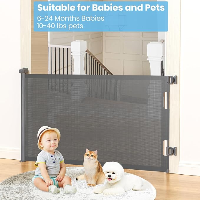 HAMOPY Retractable Baby Gate, 33" Tall, Extends up to 55" Wide, Durable Auto-Lock Baby Gates for Stairs, Mesh Dog Gate and Child Safety Gates for Doorways, Hallways, Indoor, Outdoor(Grey)