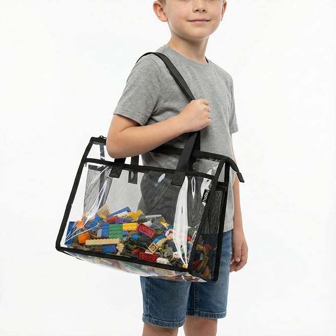 HOLAY 4 Pack Clear Toy Storage Bags with Handle ?“Playroom Organizer Bins for Kids Toys, Board Games, Busy Bags, and Homeschool Supplies, Transparent PVC Front & Reinforced Base (Black, X-Large)