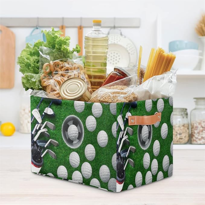 Golf Ball Storage Basket, Sport Golf Ball Foldable Storage Bin with Handle Fabric Rectangular Storage Box Organizer for Closet Shelf Home Office Nursery Toy Basket, 1 Pack