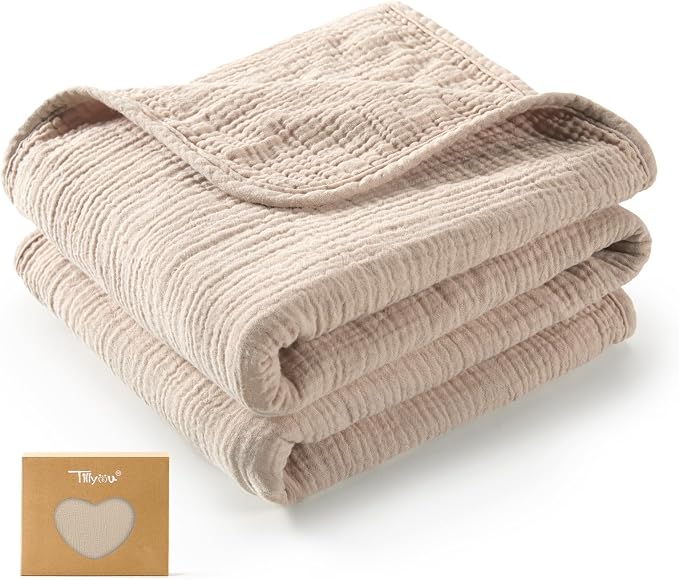 TILLYOU Muslin Swaddle Blanket Soft Baby Blanket for Girls Boys, 4-Layer Cotton Swaddle for Newborns 40"X40", Light Brown