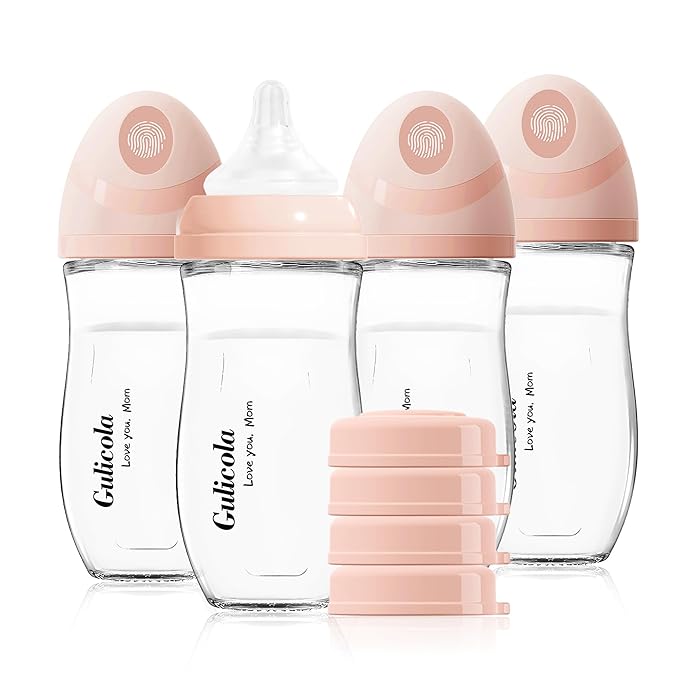 Gulicola Natural Glass Baby Bottle 8 oz for Breastfed Babies, Anti-Colic Baby Bottle Set with Medium Flow Nipple, 3 Months +, 4 Pack - Pink