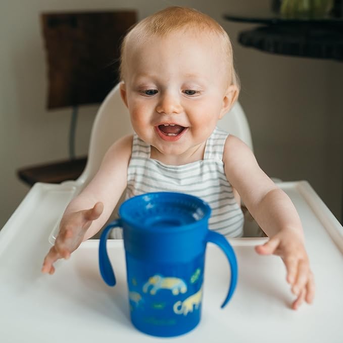 Dr. Brown's Milestones Cheers 360 Spoutless Transition Cup with Handles, Travel Friendly and Leak Free Sippy for Babies and Toddlers, Blue Animal Safari, BPA Free, 7 oz/200 mL, 6m+, Value Pack