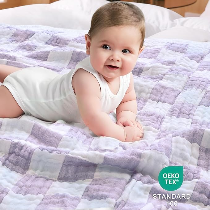 Muslin Swaddle Blankets, Ultra Soft Checkered Receiving Blankets for Baby Boys and Girls, 43 x 43 Inches Baby Swaddle Neutral Wrap 70% Cotton and 30% Rayon Purple
