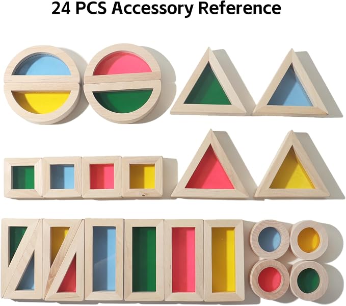 Dinhon 24-Piece Acrylic Montessori Blocks for Toddlers 18+ Months -Rainbow Stacking Toy, Non-Toxic Wooden Framed Geometric Blocks for Early STEM Learning & Sensory Play, Ideal Gift for Boys/Girls