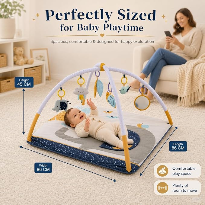 Baby Play Gym – Tummy Time Mat for Infants, Baby Activity Mat, Play Mat for Babies 0-18 Months, Infant Play Mat with Detachable Toys, Soft Velvet Play Mat, Sensory & Montessori Gym