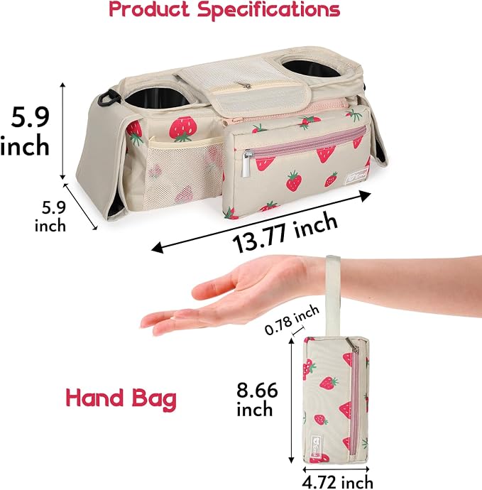 Universal Stroller Organizer with Insulated Cup Holders and Detachable Phone Bag,Stroller Caddy Fits for Stroller Accessories like Uppababy, Baby Jogger, Doona, Nuna Stroller (strawberry)