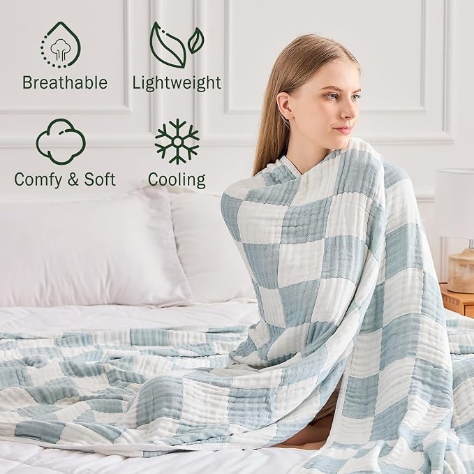 EMME Cooling Muslin Queen Blanket for Bed - Checkered Lightweight Summer Cotton Blankets of Rayon Derived from Bamboo for Hot Sleepers, Ultra Soft Breathable Gauze