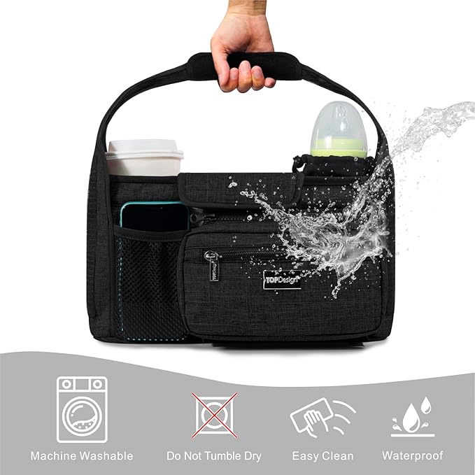 TOPDesign Universal Baby Stroller Organizer, Stroller Caddy with Detachable Mesh Bag & Heightened Insulated Cup Holders & Non-Slip Secure Hooks Accessories, Fits Most Strollers (Pandas)