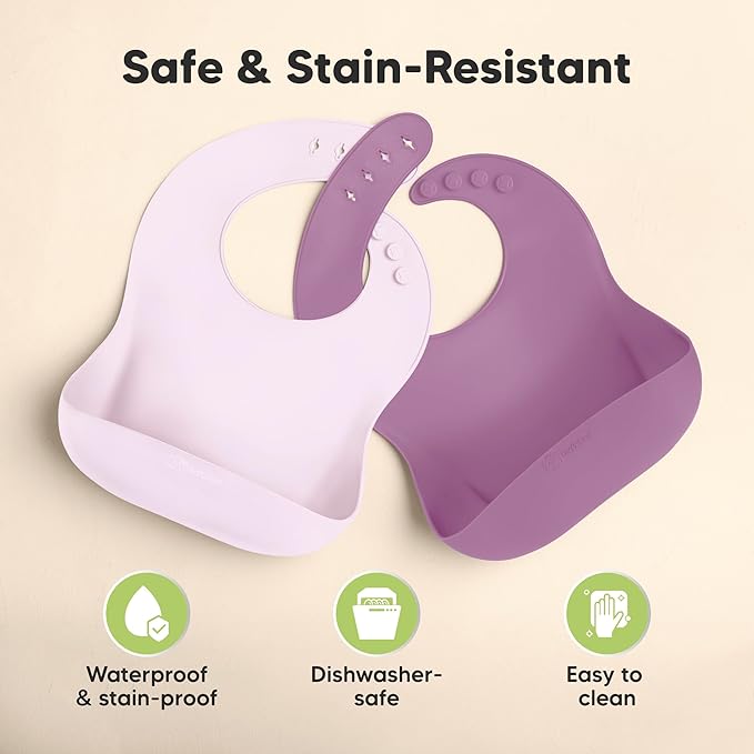 KeaBabies 2-Pack Silicone Bibs for Babies, Toddlers Girl, Boy ??Sturdy Food-Grade Baby Bibs for Eating, Large Food Catcher, Clean & Put On Easily, Waterproof Toddler Feeding Essentials (Amethyst)