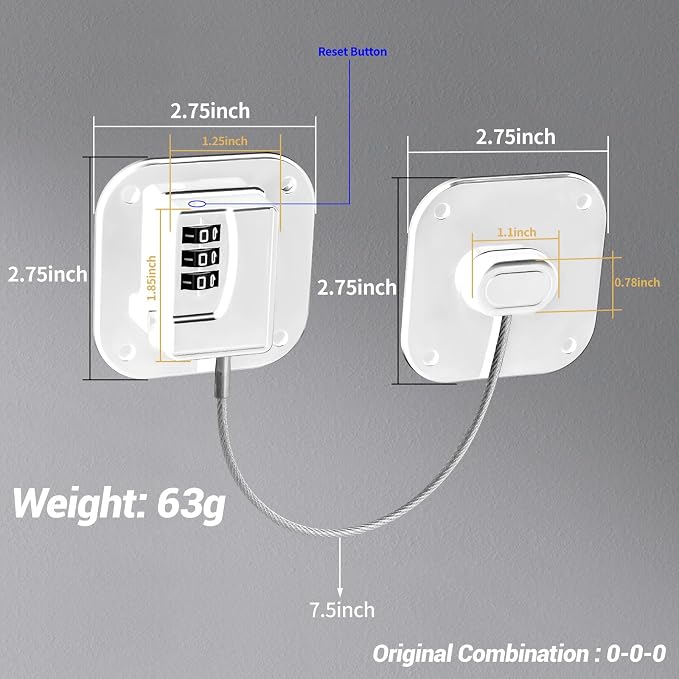 Refrigerator Lock for Kids, 2 Pack Fridge Lock with 3-Digit Combination, Heavy Duty Freezer Lock, Child Safety Cabinet & Drawer Lock, Easy Install Adhesive Lock No Keys Needed,White