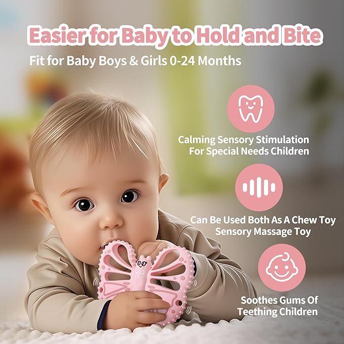 Vibrating Teether for Baby - Sensory Chew Toy for Autistic Children & Vibrating Chewy, 10X Vibration Settings, Giving Autistic Children a Better Sensory Experience (Pink)