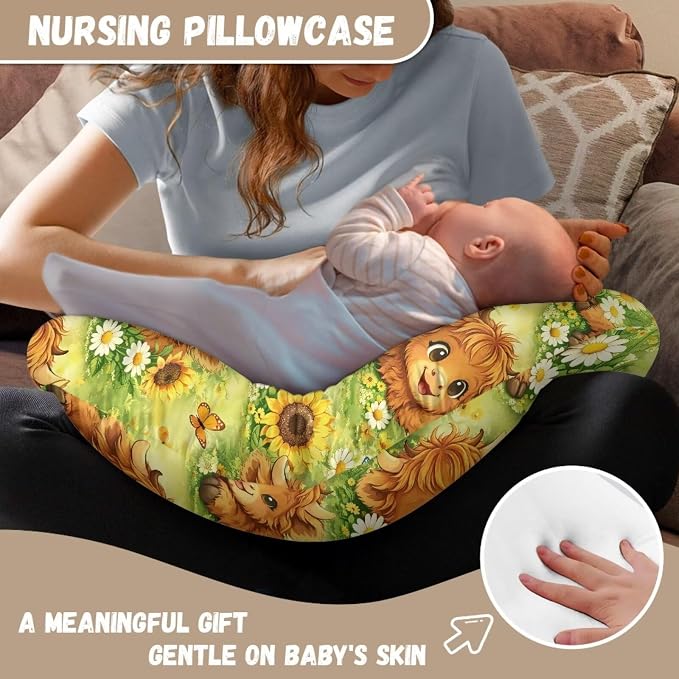 Jeiento Soft Nursing Pillow Covers Cartoon Highland Cow Pillow Covers Soft Adorable Slipcover with Zipper Soft Comfortable Breastfeeding Pillow Slipcovers for Mother