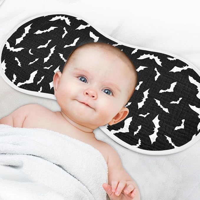 Muslin Burp Cloths for Baby Boys and Girls - 2-Pack Ultra Absorbent Halloween Bats Muslin Washcloths, Newborn Towel, Milk Spit Up Rags, Burp Cloth Bibs for Unisex, 22 x 11 Inch
