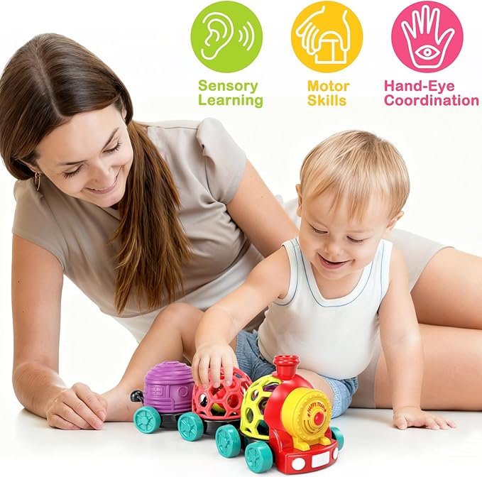 WEEJOYGAM Train Baby Toys 6-12 Months, Infant Soft Cars for Toddlers 1-3 Boy Easter Basket Stuffers Birthday Gift 6 7 8 9 10 Month 1 Year Old Boy Cause Effect Montessori Musical Push Truck Ball Rattle