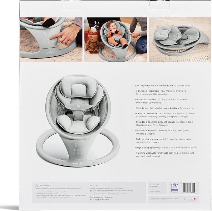 Munchkin Electric Baby Swing with Vibration - Portable Swing for Newborn and Infant, Bluetooth-Enabled Smart Seat with Music, Motion, and Sounds, Light Grey