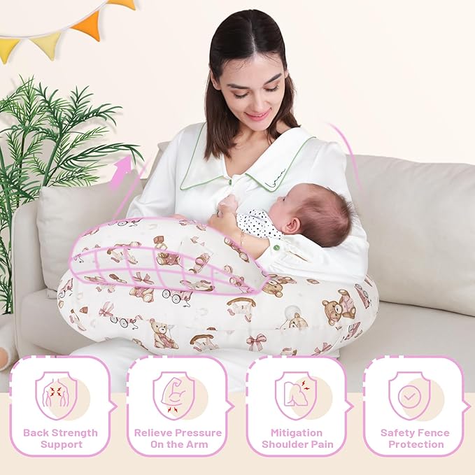 AMASKY Nursing Pillow, Breastfeeding Pillows, with Removable Pillow Cover, Machine Washable, Machine Washable, Pink Bears, Pallet of Product