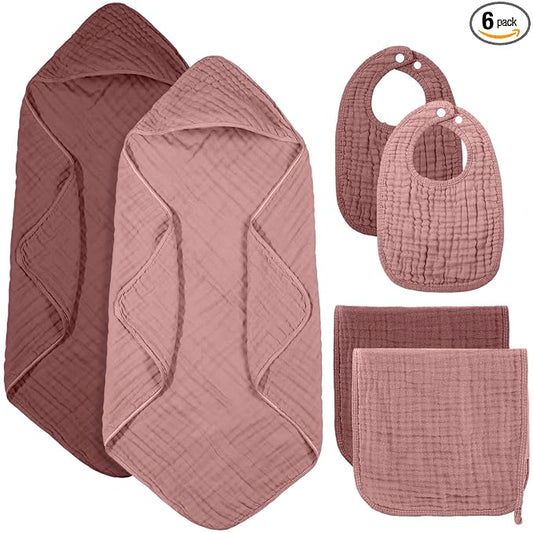 Hahafelt 6 Pcs Muslin Hooded Bath Towels Washcloths and Bibs Set, Muslin Cotton Baby Towels Absorbent Hooded Blanket Towel Infant Bibs for Boys Girls Newborn Infant Essential (Dusty Rose, Deep Rose)