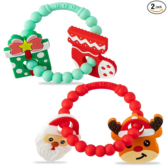 Christmas Baby Silicone Teether Toys - 2ooya 2Pcs Deer Gift Teething Ring Infant Soft Teether Toddler Sensory Chew Toy with Rattles for Newborn to Soothe Sore Gums The First Christmas Gifts for Babies