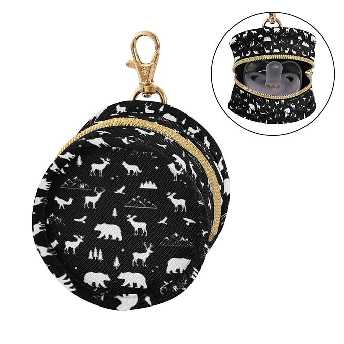 Bear Deer Black Print Pacifier Holder Case with Metal Clip Portable Pacifier Storage for Boys Girls