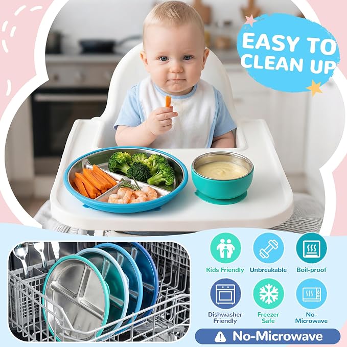 Havawish 8 Pcs Stainless Steel Baby Plate and Bowls with Suction, 8.3" Kid Divided Plate and 4" Toddler Bowl with Removable Silicone, BPA-free Non-slip Baby Feed Set Dishwasher Safe for Boy Girl(Blue)