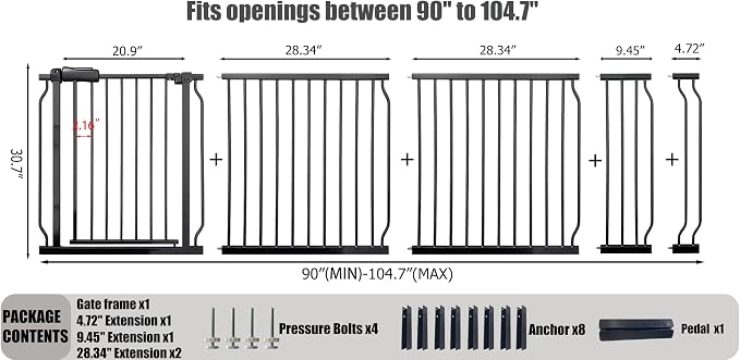 Heavy Duty Baby & Dog Safety Gate 86-104.7 Inch, Black Metal, Pressure Mounted No Drilling Pet Gate for Large Openings